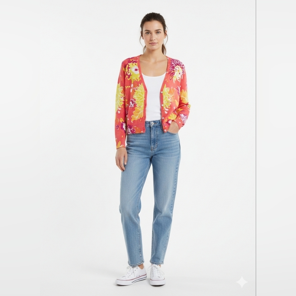 Lands' End Pink Floral Supima Cotton Cardigan Sweater XS 2-4